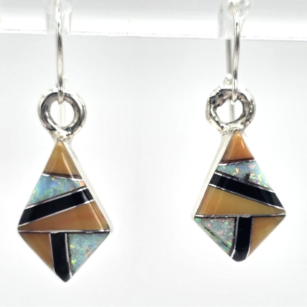 Multi-Gemstone Dangle Earrings Diamond Opal Onyx Handmade Sterling Silver 925 - Picture 2 of 10